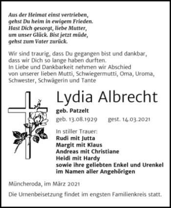 Traueranzeige von Lydia Albrecht von Super Sonntag Naumburg/Nebra