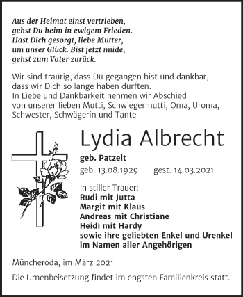 Traueranzeige von Lydia Albrecht von Mitteldeutsche Zeitung Naumburg/Nebra