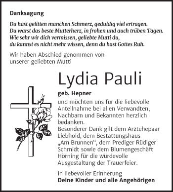 Traueranzeige von Lydia Pauli von Mitteldeutsche Zeitung Mansfelder Land