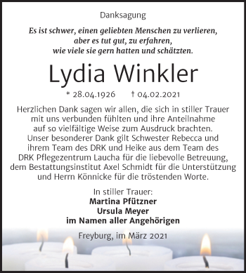 Traueranzeige von Lydia Winkler von Super Sonntag Naumburg/Nebra