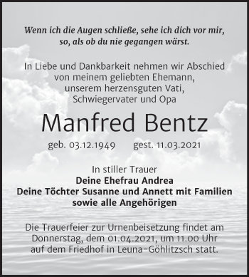 Traueranzeige von Manfred Bentz von Mitteldeutsche Zeitung Merseburg/Querfurt