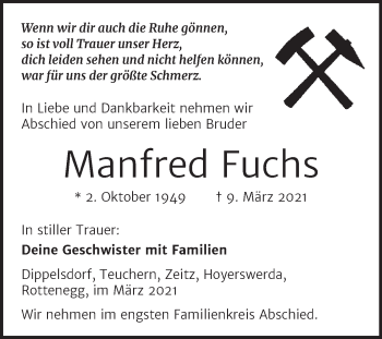 Traueranzeige von Manfred Fuchs von Mitteldeutsche Zeitung Weißenfels