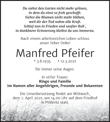 Traueranzeige von Manfred Pfeifer von Super Sonntag Naumburg/Nebra