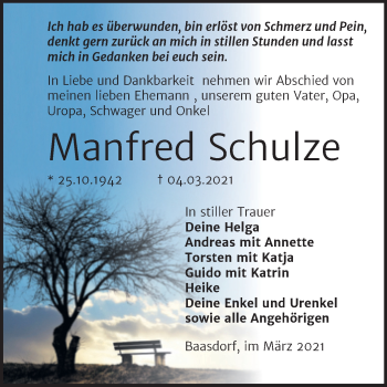 Traueranzeige von Manfred Schulze von Mitteldeutsche Zeitung Köthen