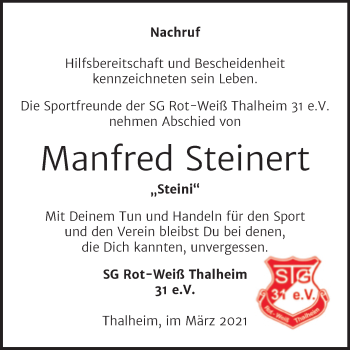 Traueranzeige von Manfred Steinert von Mitteldeutsche Zeitung Bitterfeld