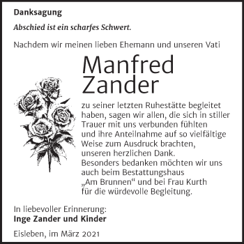 Traueranzeige von Manfred Zander von Mitteldeutsche Zeitung Mansfelder Land