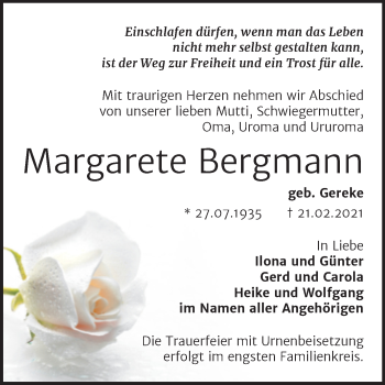 Traueranzeige von Margarete Bergmann von Mitteldeutsche Zeitung Bernburg