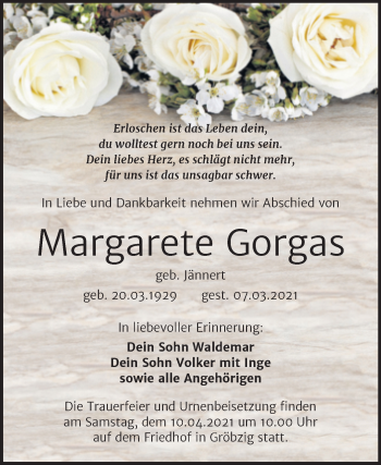 Traueranzeige von Margarete Gorgas von Mitteldeutsche Zeitung Köthen