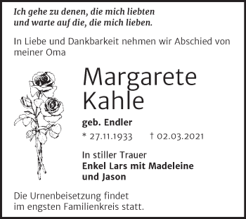 Traueranzeige von Margarete Kahle von Mitteldeutsche Zeitung Halle/Saalkreis