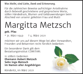 Traueranzeige von Margitta Metzsch von Mitteldeutsche Zeitung Zeitz