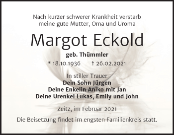 Traueranzeige von Margot Eckold von Mitteldeutsche Zeitung Zeitz