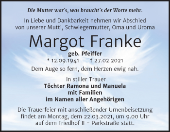 Traueranzeige von Margot Franke von Mitteldeutsche Zeitung Bernburg