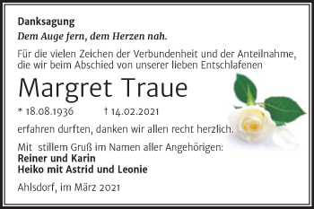 Traueranzeige von Margret Traue von Mitteldeutsche Zeitung Mansfelder Land