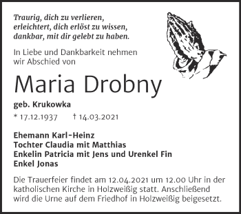 Traueranzeige von Maria Drobny von Mitteldeutsche Zeitung Bitterfeld