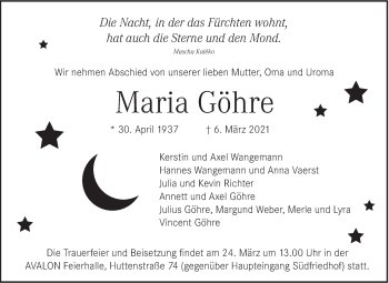 Traueranzeige von Maria Göhre von Mitteldeutsche Zeitung Halle/Saalkreis
