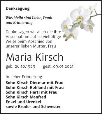 Traueranzeige von Maria Martha Kirsch von Mitteldeutsche Zeitung Zeitz
