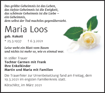 Traueranzeige von Maria Loos von Mitteldeutsche Zeitung Merseburg/Querfurt