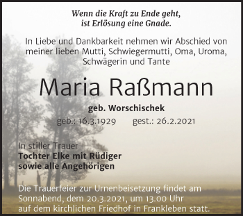 Traueranzeige von Maria Raßmann von Mitteldeutsche Zeitung Merseburg/Querfurt