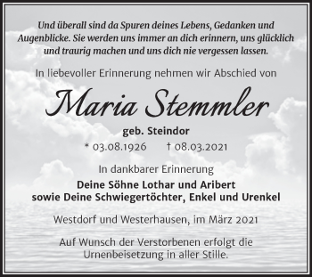 Traueranzeige von Maria Stemmler von Mitteldeutsche Zeitung Aschersleben