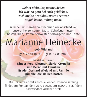 Traueranzeige von Marianne Heinecke von Mitteldeutsche Zeitung Bernburg