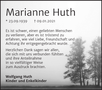 Traueranzeige von Marianne Huth von Mitteldeutsche Zeitung Wittenberg