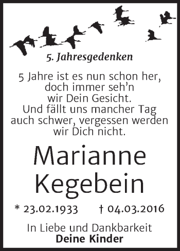 Traueranzeige von Marianne Kegebein von Mitteldeutsche Zeitung Dessau-Roßlau