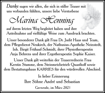 Traueranzeige von Marina Henning von Mitteldeutsche Zeitung Quedlinburg