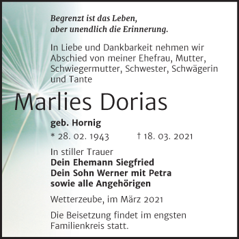 Traueranzeige von Marlies Dorias von Mitteldeutsche Zeitung Zeitz