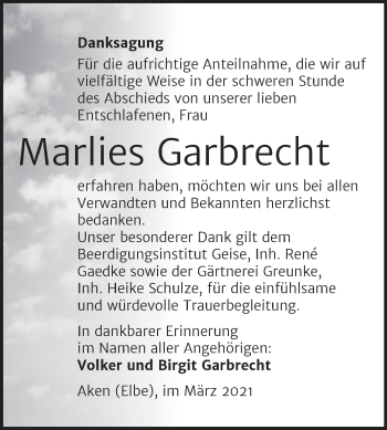 Traueranzeige von Marlies Garbrecht von Mitteldeutsche Zeitung Köthen