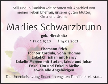 Traueranzeige von Marlies Schwarzbrunn von Mitteldeutsche Zeitung Wittenberg