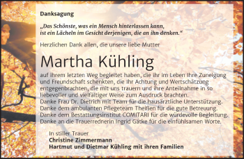 Traueranzeige von Martha Kühling von Mitteldeutsche Zeitung Zeitz