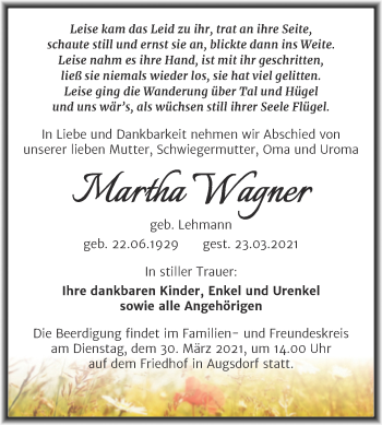 Traueranzeige von Martha Wagner von Mitteldeutsche Zeitung Mansfelder Land