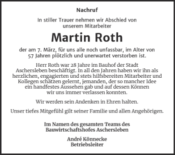 Traueranzeige von Martin Roth von Super Sonntag Aschersleben