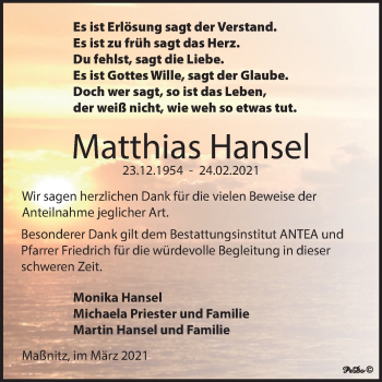 Traueranzeige von Matthias Hansel von Mitteldeutsche Zeitung Zeitz
