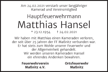 Traueranzeige von Matthias Hansel von Mitteldeutsche Zeitung Zeitz