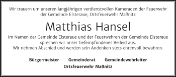 Traueranzeige von Matthias Hansel von Super Sonntag Zeitz