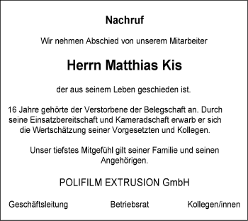 Traueranzeige von Matthias Kis von Mitteldeutsche Zeitung Bitterfeld