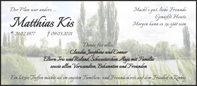  Traueranzeige für Matthias Kis vom 20.03.2021 aus Mitteldeutsche Zeitung Bitterfeld