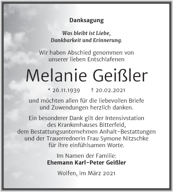 Traueranzeige von Melanie Geißler von Mitteldeutsche Zeitung Bitterfeld