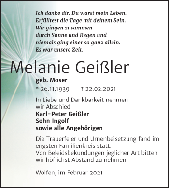 Traueranzeige von Melanie Geißler von Mitteldeutsche Zeitung Bitterfeld