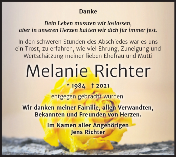 Traueranzeige von Melanie Richter von Mitteldeutsche Zeitung Bitterfeld