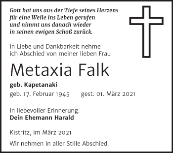 Traueranzeige von Metaxia Falk von Mitteldeutsche Zeitung Weißenfels