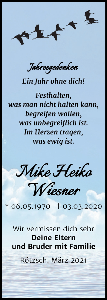  Traueranzeige für Mike Heiko Wiesner vom 13.03.2021 aus Mitteldeutsche Zeitung Wittenberg