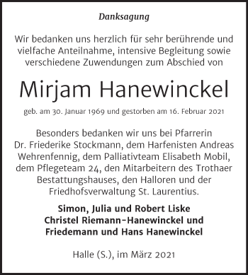 Traueranzeige von Mirjam Hanewinckel von Mitteldeutsche Zeitung Halle/Saalkreis