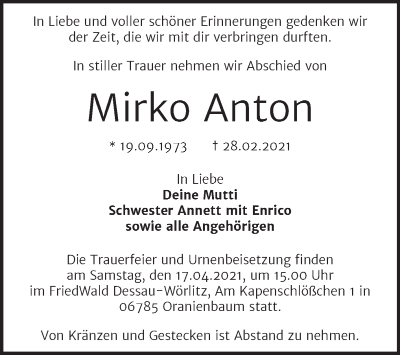  Traueranzeige für Mirko Anton vom 06.03.2021 aus Mitteldeutsche Zeitung Dessau-Roßlau
