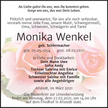 Traueranzeige von Monika Wenkel von Mitteldeutsche Zeitung Sangerhausen