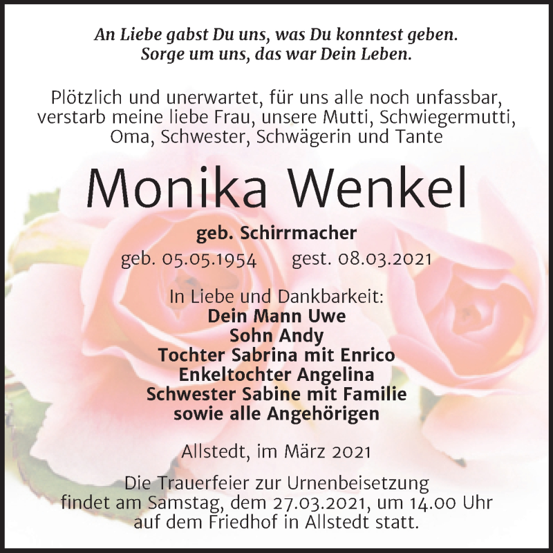  Traueranzeige für Monika Wenkel vom 19.03.2021 aus Mitteldeutsche Zeitung Sangerhausen