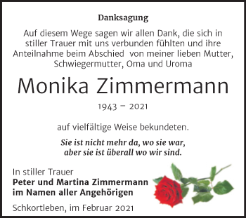 Traueranzeige von Monika Zimmermann von Mitteldeutsche Zeitung Weißenfels