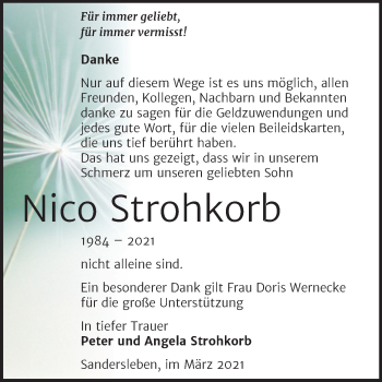 Traueranzeige von Nico Strohkorb von Mitteldeutsche Zeitung Mansfelder Land