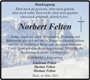Traueranzeige von Norbert Felten von Mitteldeutsche Zeitung Quedlinburg